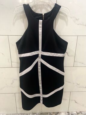 Bisou Bisou Black Mini Dress with White Geometric Trim